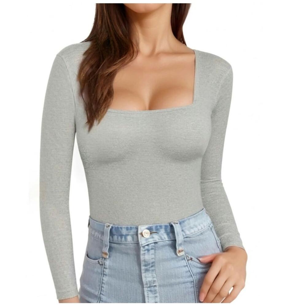 MANGOPOP Shirt Womens SZ XS Gray Square Neck Long Sleeve Fitted Tees